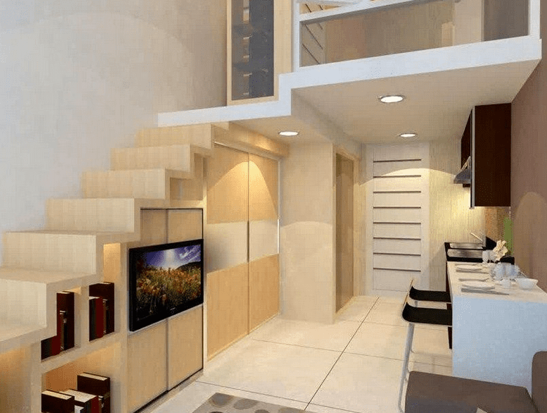 tangga apartemen multifungsi dengan desain yang lurus