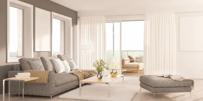 desain ruang tamu dengan profil jendela lebar