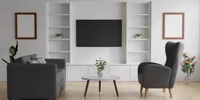 desain ruang tv minimalis dalam panel dengan finish cat duko