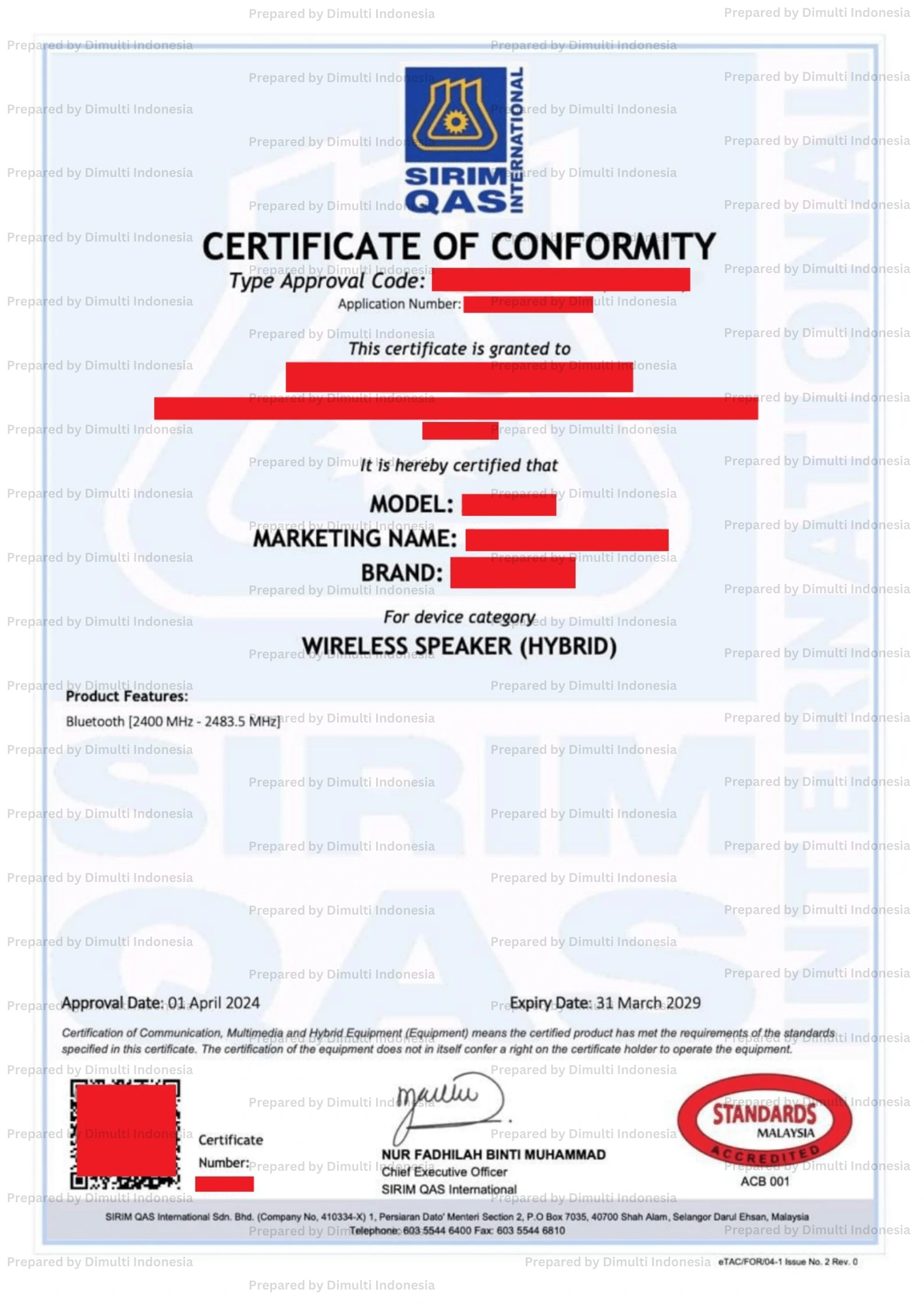 SIRIM Sample Certificate