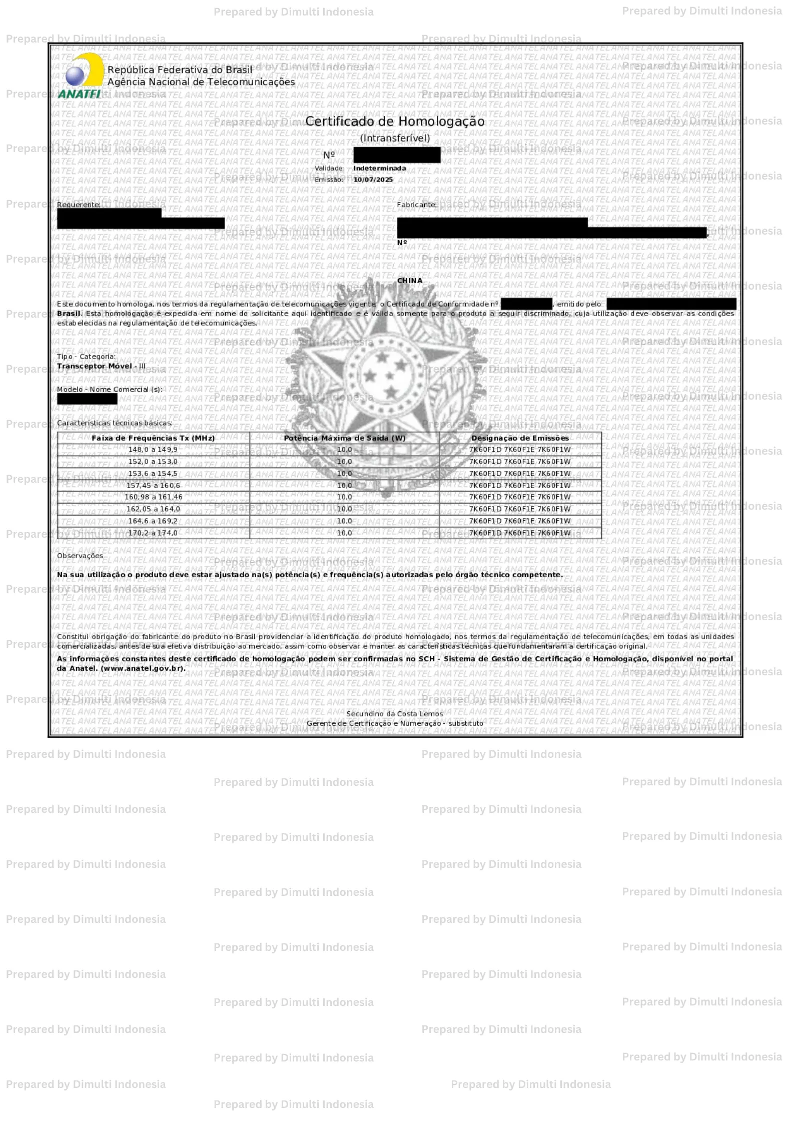 ANATEL Sample Certificate